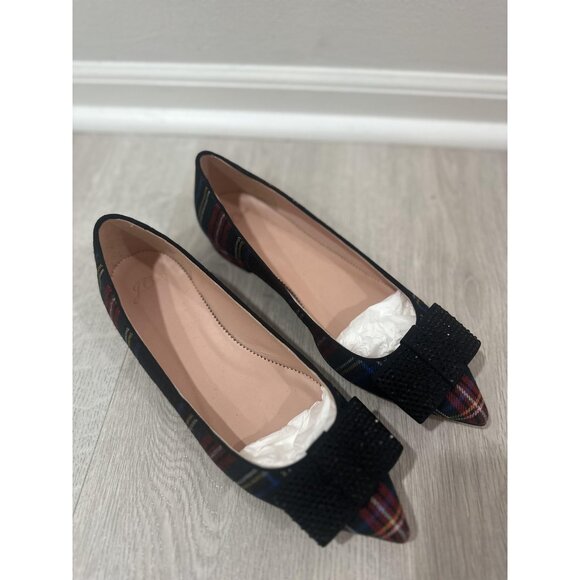 J Crew Pointed Toe Flats Womens Sz 9.5 Black Tartan Plaid Rhinestone Bow Preppy - Picture 3 of 9